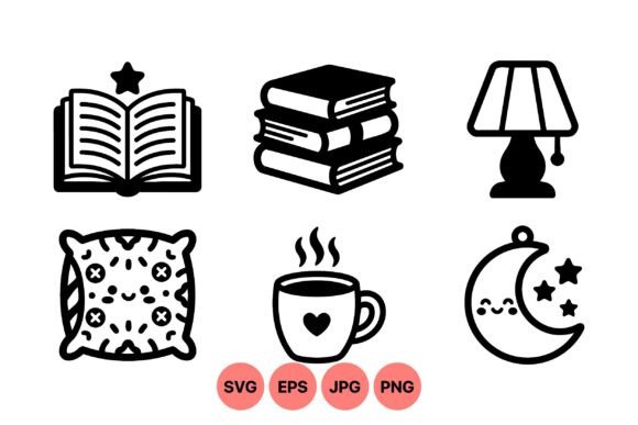 Cozy Reading Night Icons: Black & White Graphics & Illustrations