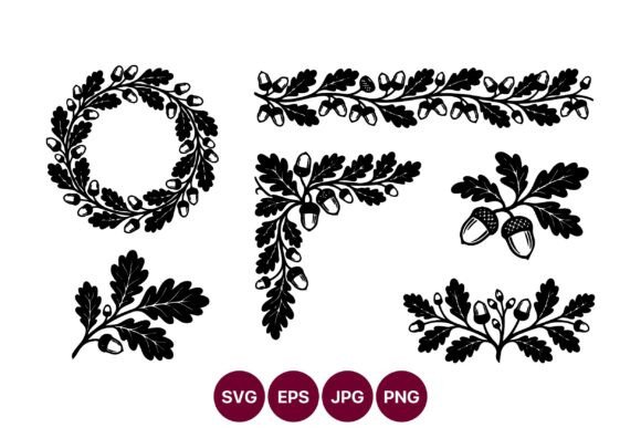 Vector Line Art Acorn Leaves Wreath Graphics & Illustrations